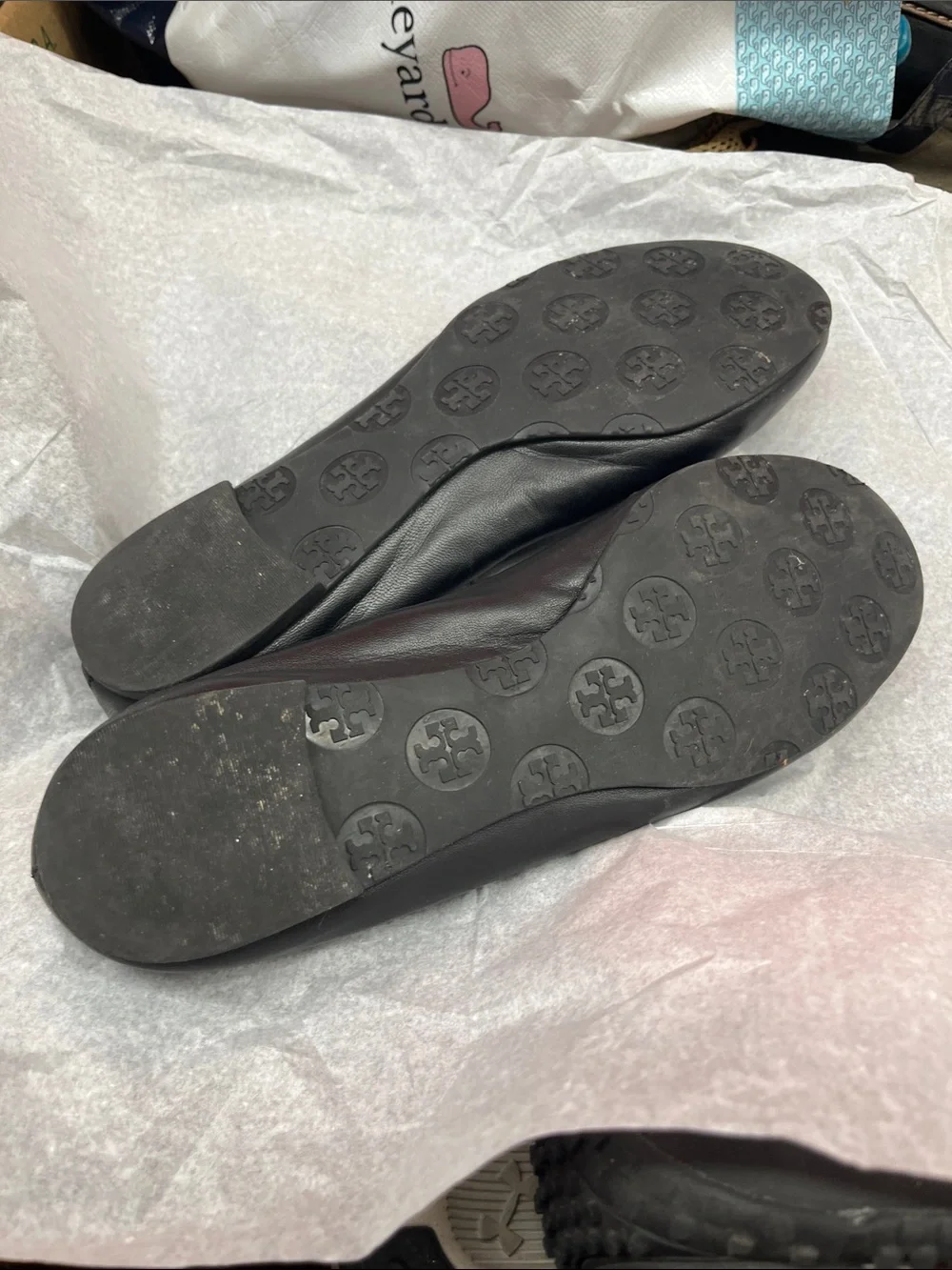 Tory Burch Black Leather Ballet Flats with Gold Logo Discs